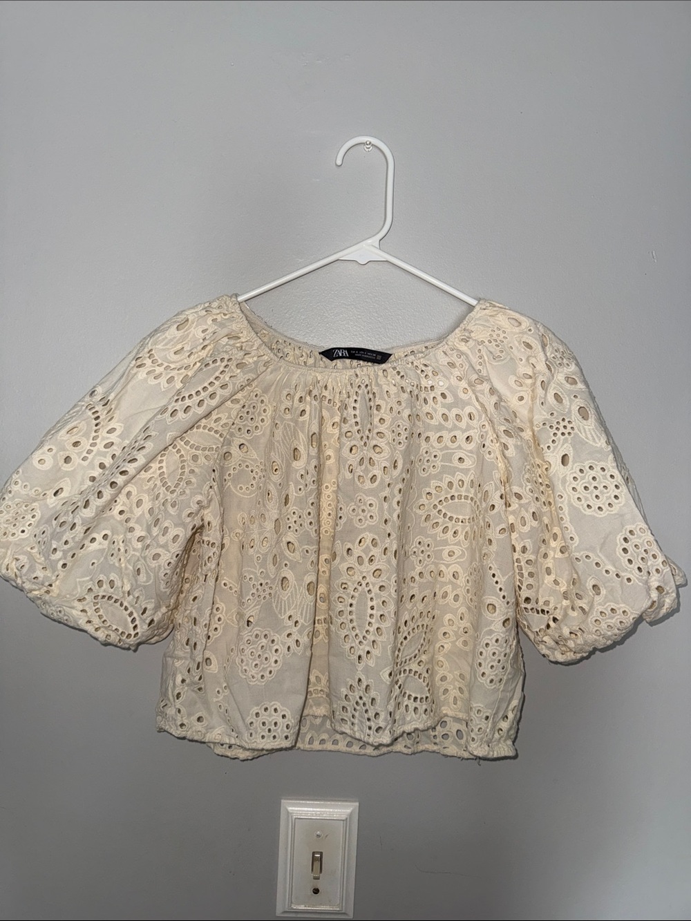 Zara Ivory Eyelet Puff Sleeve crop top Blouse